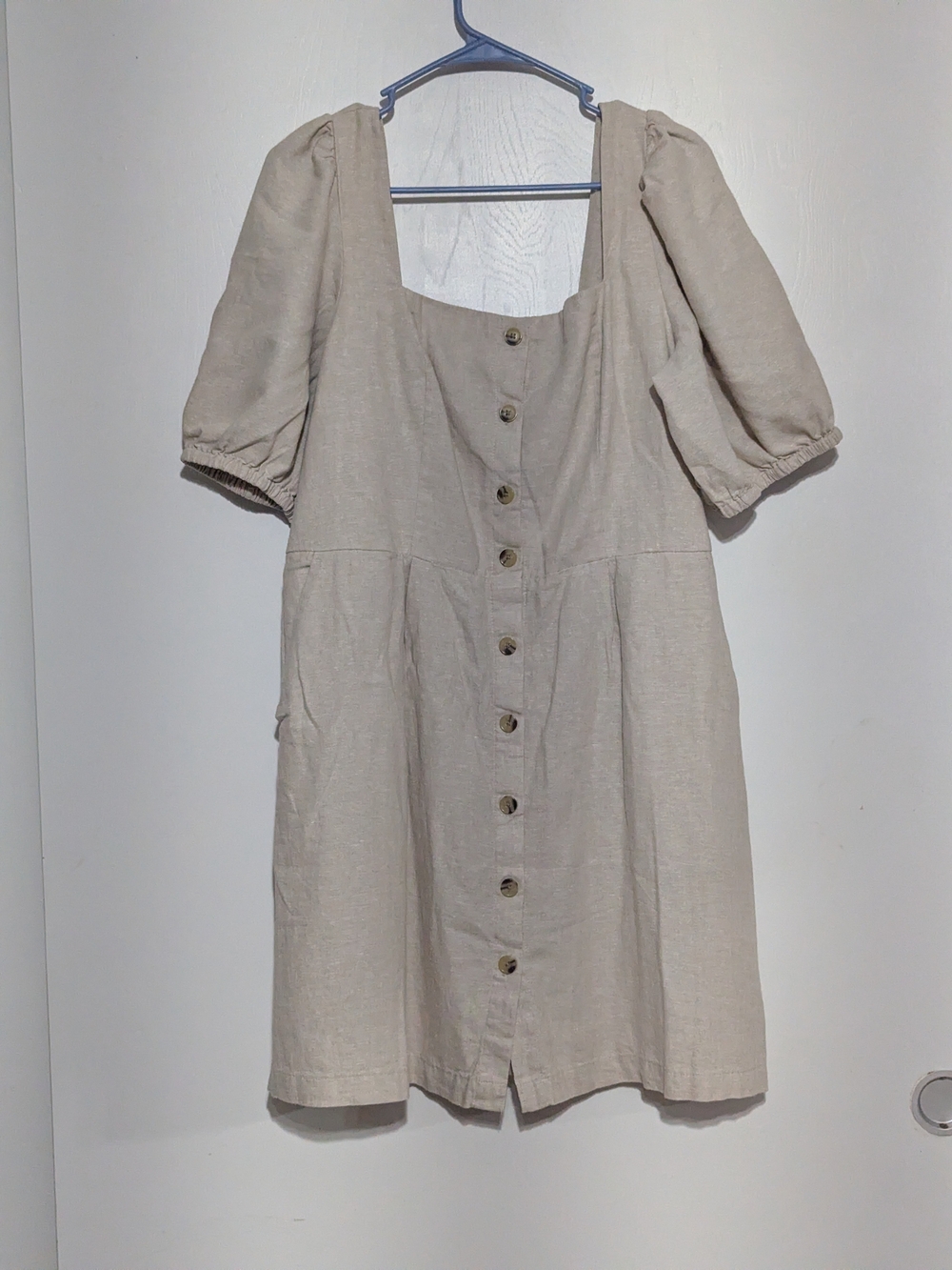 Old Navy Neutral Linen-Blend Button Front Puff Sleeve Dress